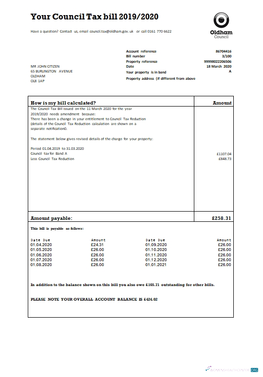 download download United Kingdom Oldham council tax bill template in Word and PDF format PDF template PDF template